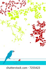 follaje y ave en colores frescos - vector