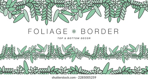 Foliage border with different leaves for use as top or bottom banner decoration. Exotic plants vector design with succulent and other houseplants.