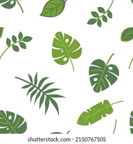 Foliage and botany, monstera and fern, banana leaves and palm tree leafage. Ornaments and bunch of exotic decoration. Lush greenery and wilderness flowers. Seamless pattern, vector in flat style