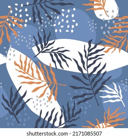 Foliage, botany, tropical flowers. Seamless vector pattern. Leaves, flowers, branches. Blue, autumn winter fashion print. Beautiful, colorful, elegant, for dresses, swimwear, bikini. Backdrop.