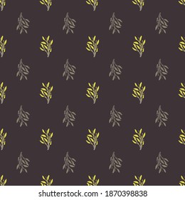 Rama de follaje sin fisuras en estilo abstracto. Fondo gris oscuro con detalles de color amarillo. Impresión vectorial plana para textiles, tela, giftwrap, papel pintado. Ilustración sin fin.
