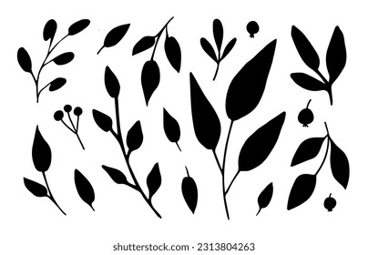 Foliage and branches, berries, autumn leaves. Black silhouette. Simple vector set. Nature and vegetation.
