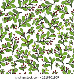 Foliage branches, and red berries, cartoon outlined, over white background background seamless pattern.