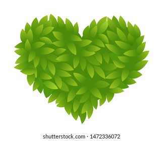 Foliage bush of green leaves In the shape of a heart. Green leaves texture. Love for nature and ecology. Thick thickets shrubs. Eco and summer design.