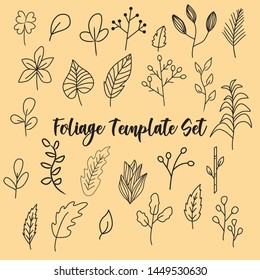 Foliage doodle template set, foliage hand drawn vector, nature botanical flower collection set