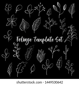 Foliage doodle template set, foliage hand drawn vector, nature botanical flower collection set