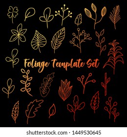 Foliage doodle template set, foliage hand drawn vector, nature botanical flower collection set