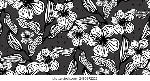 Foliage floral seamless pattern, hand drawn indoor on dark grey, vector illustration. 