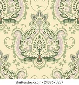 Foliage and flowers in blossom. Paisley design for carpet, tiles and other home decor items. Floral textile fabrics material. Seamless pattern, wallpaper print or background. Vector in flat style