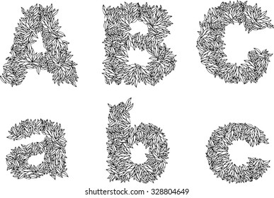 foliage font, letter: A, B, C leaves (leafs) of the tree type