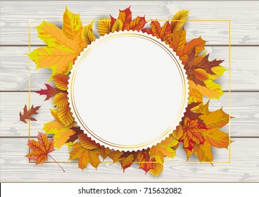 Foliage with golden emblem on the wooden background. Eps 10 vector file.