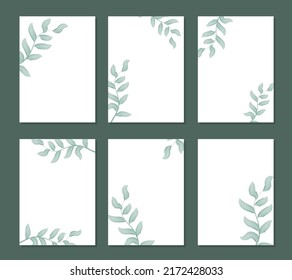 Foliage and greenery set rustic frames. Collection backgrounds with leafy watercolor twigs and leaves. Blank rectangular blanks for postcards, cards, congratulations and invitations vector
