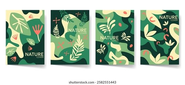 Foliage illustration vector set, leaves cover set for print and digital template. Spring floral pattern poster template collection, nature art. Brochure, flyer design.