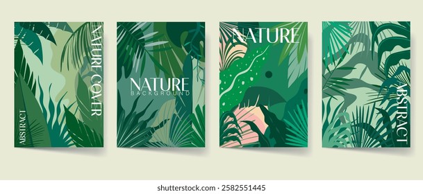 Foliage illustration vector set, leaves cover set for print and digital template. Spring floral pattern poster template collection, nature art. Brochure, flyer design.
