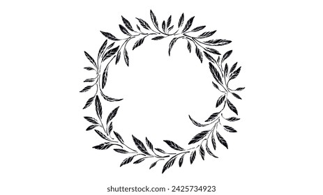 Foliage ink imprint. Grunge wreath of tree, texture leaves. Mediterranean silhouette, olive greek decor