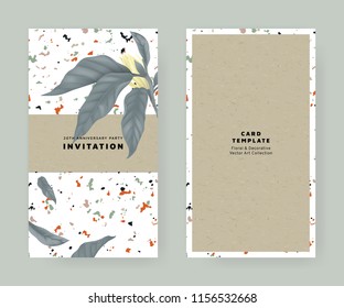 Foliage invitation card template design, white Champaka on marble texture