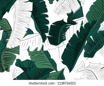 Foliage Jungle Pattern, Hand Drawn Outline Black Ink Banana Leaves On White Background.