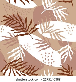 Foliage, Leaf, botany, forest, woods. Autumn, spring and summer print. Seamless pattern illustration. Dry leaves, rainforest. Organic shapes swimwear fabric, bikini. Surface design. Plant, backdrop