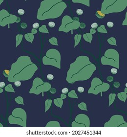 Foliage and leaves of botany and tropical plants. Summer or spring design, ornament or motif with flowers and plants. Seamless pattern or background, print or repeatable wallpaper. Vector in flat