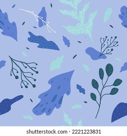 Foliage and leaves, branches and twigs ornament. Organic and natural motif, leafage and botanic decoration adornment blue. Seamless pattern, background or print wallpaper. Vector in flat style