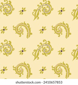 Foliage and leaves swirls, design of natural botany and vegetation. Flowers and leafage motif. Branches oriental ethnic decor. Seamless pattern, wallpaper or print background. Vector in flat style