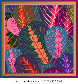 Foliage. Leaves of tropical tree. Vector illustration. Floral background. Summer colorful pattern. Template for design scarf or pillow. Modern style.