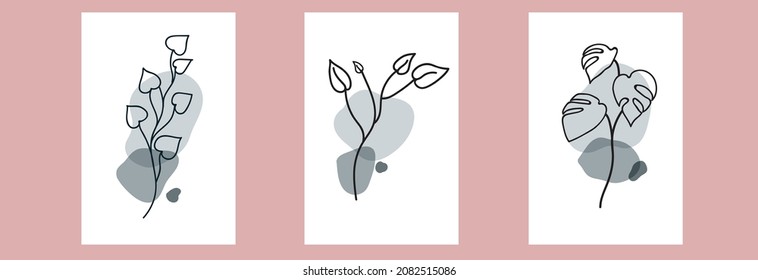  Foliage line art drawing with abstract shape. Botanical wall art vector set.