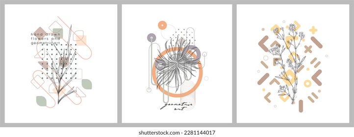 Dibujo artístico de línea de follaje con forma geométrica. Flores dibujadas a mano y arte geométrico. Conjunto de ilustraciones vectoriales. 