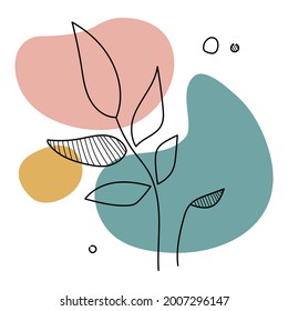 Foliage line art. Simple drawing with leaves and colored spots of pastel colors. Doodle clipart