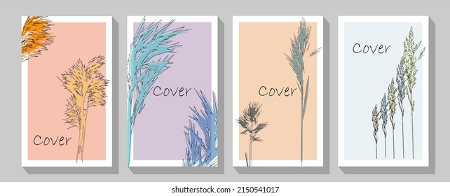 Foliage line drawing. Neutral boho art print set.  Gallery decor poster, terracota watercolor. Vector poster