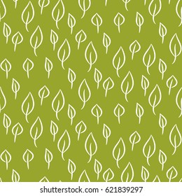Foliage line seamless vector pattern on green background. Nature leaf background.