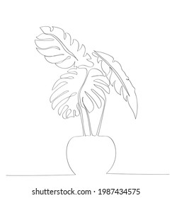 Foliage (Monstera)  line art drawing with abstract shape. Minimalism art.
