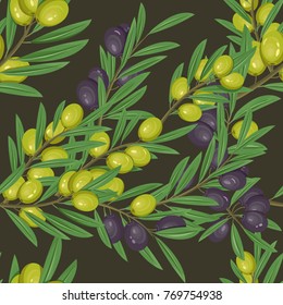 Foliage of olive branches or stem, twig with green and dark berries and leaves. Healthy vegetarian organic and natural food, tree grove. Vegan, floral and botany, nutrition and oil paint theme