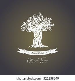 Foliage of olive oil tree in mediterranean greece. Vintage logo of olive plant, vegetarian food or drink backdrop, eco oil for painting insignia. Bottle sticker or label, grove icon and nature theme