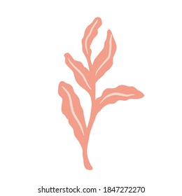 Foliage on twigs isolated on white background. Scandinavian botanical pink color sketch in hand drawn vector illustration.