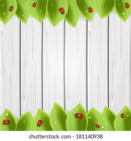 Foliage on wooden background with ladybugs and drops, illustration.