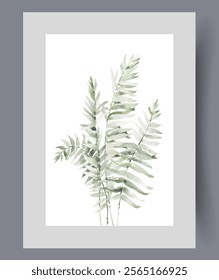 Foliage of outdoor plant growing in spring park or greenhouse on wall art. Watercolor artwork. Print with foliage of tree or shrub for making herbarium, in frame with decor for poster
