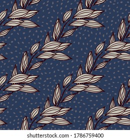 Foliage outline abstract seamless pattern. Purple contoured botanic ornament on navy blue background with dots. Great for wrapping paper, textile, fabric print and wallpaper. Vector illustration.