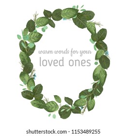 Foliage oval wreath frame watercolor pattern, wedding invitation, certificate, postcard, flyer. Leaves of a rose, eucalyptus, blue wax flowers isolated on white background. vector illustration
