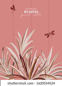 Foliage palm leaf, beige plant leaves, small dragofly  on dusty pink background. Modern spring summer realistic floral banner in vector. Rainforest template.