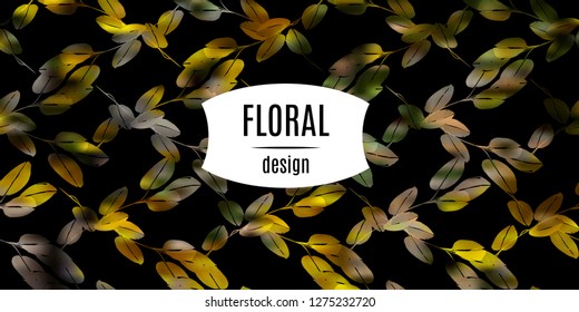 Foliage pattern on black luxury background. Floral ornament decoration.