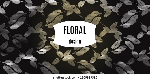 Foliage pattern on black luxury background. Floral ornament decoration.