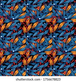 Foliage pattern red orange and blue fireflies