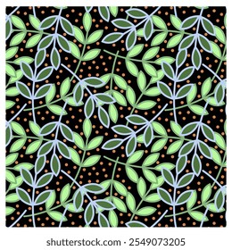 padrão de folhagem em tons de verde em um fundo de bolinhas