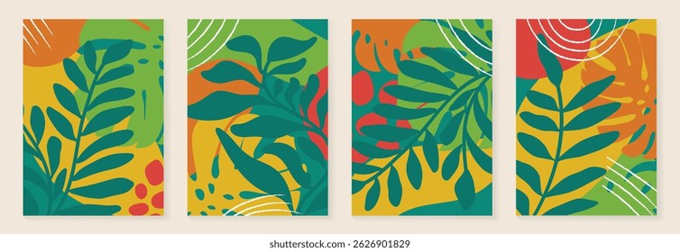 Foliage and Plant playful creative poster background vector. Modern wallpaper with monstera, tropical leaf. Design for home deco, wall art, packaging plant-based drinks.