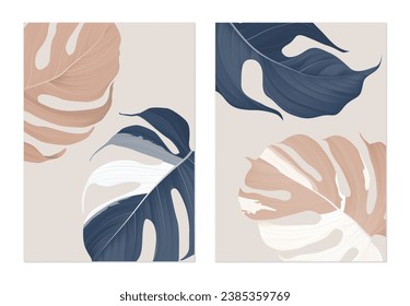 Diseño de la plantilla de afiches de Foliage, hojas de Monstera Albo azules y marrones