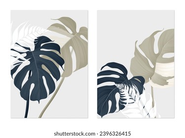 Diseño de plantillas de afiches de follaje, hojas de monstera azules y marrones