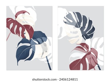 Foliage poster template design, blue and red Monstera Albo leaves