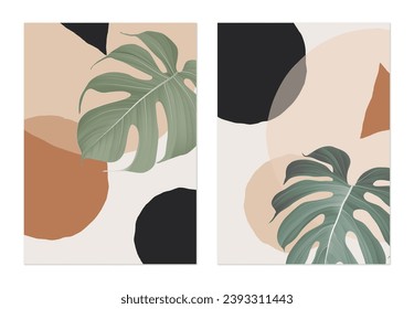 Foliage poster template design, Monstera Deliciosa leaves and colorful circle