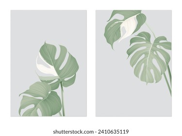 Diseño de plantillas de afiches de follaje, hojas de monstera en gris